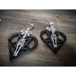 Boucles d'oreilles argentées coeur pentagram plexiglas noir Skully Halloween