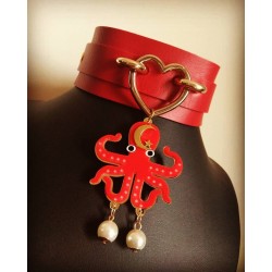 Collier cuir rouge doré Lune coeur Octopus Alexandra