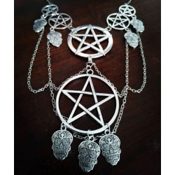 Collier multi chaines argenté 666 Pentagram Day of the Dead Santa Muerte 666
