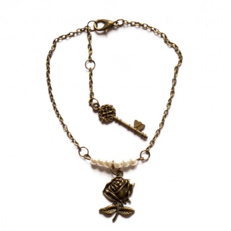 Bracelet couleur bronze perles et clef "Pearl & Rose"