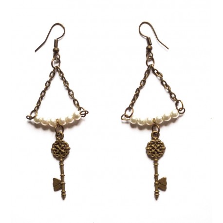 Boucles d'oreilles couleur bronze perles et plumes "Pearl & Key" 