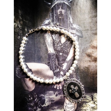 Collier perles crème argenté Boho Chic Pearl steampunk calavera Dean Winchester ♠ 666 Supernatural ♠