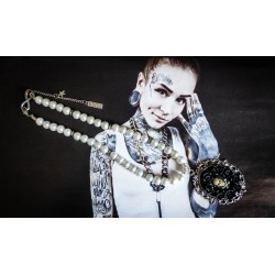 Collier perles crème argenté Boho Chic Pearl steampunk calavera dia de los muertos ♰Cupcake Skulls♰