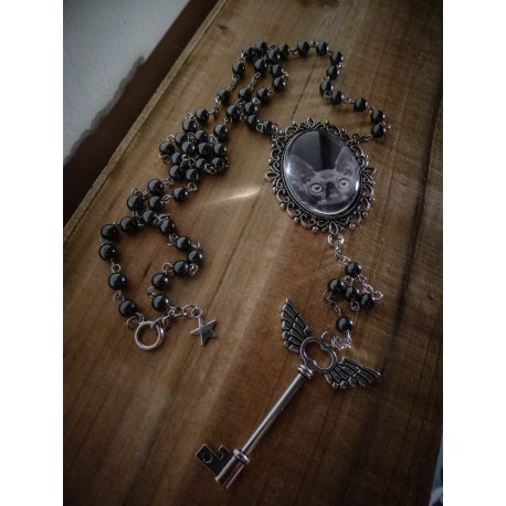 Chapelet rosaire argenté camée chat goth punk steampunk ♰ Black Sphinx ♰ 