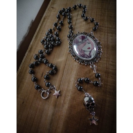 Chapelet rosaire argenté camée goth punk steampunk ♰ Crown Skull Doll ♰ 