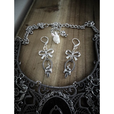 Boucles d'oreilles argentées noeud miroir Alice au pays des merveilles ♠ Le Lapin Blanc ♠ 