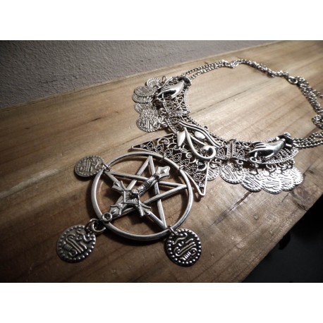 Collier maxi plastron tribal argenté goth pentagram ♰666 Devil Catcher 666♰ 