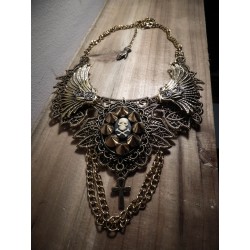 Collier plastron dentelle bronze doré pentagram croix spikes ♰ 666 Skulls 666 ♰