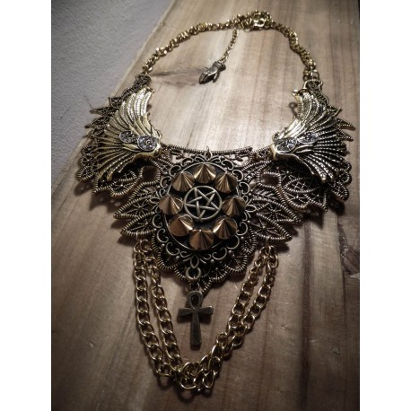 Collier plastron dentelle bronze doré pentagram croix spikes ankh ♰ 666 Vampiria 666 ♰