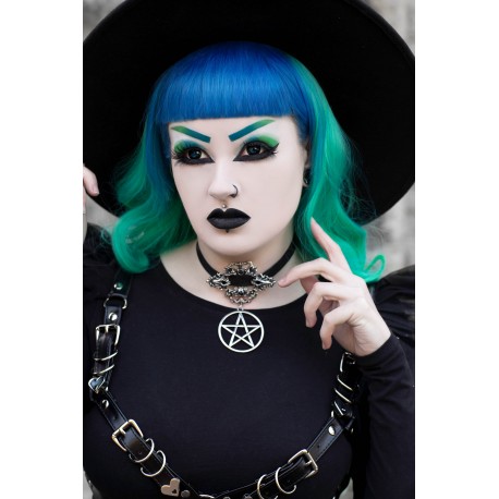Collier satin brodé noir argenté Arabesque punk goth ♰ 666 Pentagram 666 ♰ 