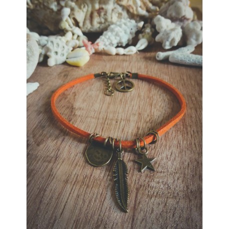 Bracelet cuir orange bronze Plume Peace and Love Bohème Koh Lipe 