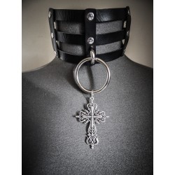 Collier plastron triple bondage cuir argenté goth punk ♰666 Sanctus Dei 666♰