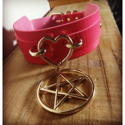 Collier rose cuir vegan doré Coeur 666 Pentagram 666